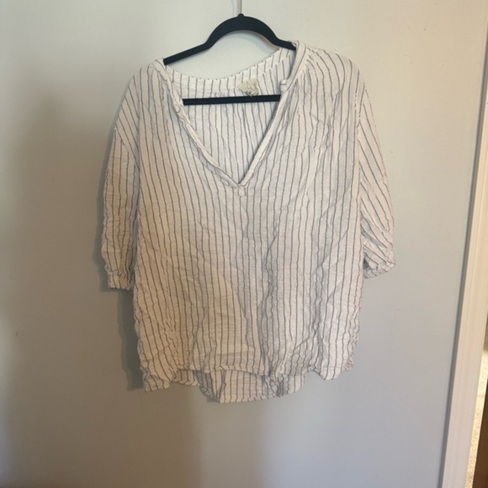 Joie 2X Cotton Blend Striped Blouse Open V Neck